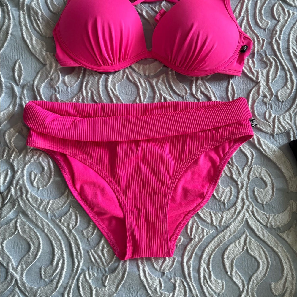 Women's Pink Ribbed Bikini Set - Push Up Top & High Waist Bottoms